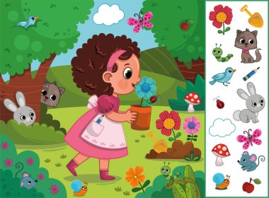 Little Girl in Nature Hidden Objects Educational Game. Vector Illustration for Children. clipart