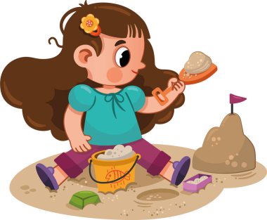 Kumdan kale inşa eden şirin küçük bir kız. Vektör illüstrasyonu.