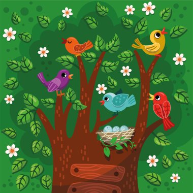 Çiçek açan bir ağaçta öten tatlı, küçük renkli kuşlar. Çizgi film İlkbahar vektör çizimi.
