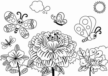 Baharda Çiçeklerin Üzerinde Uçan Mutlu Kelebekler. Siyah ve Beyaz. Vektör İllüstrasyonu.