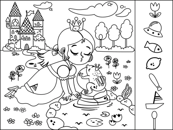 Kurbağa Prens temalı siyah beyaz nesne oyunu. Küçük çocuklar için vektör illüstrasyonu.