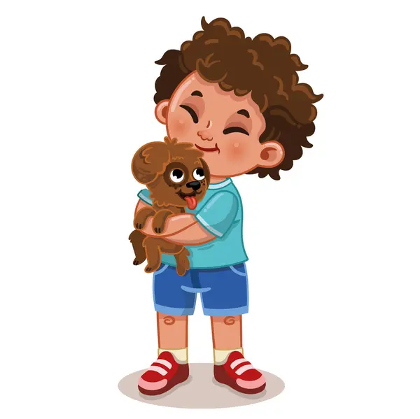 Wektor Ilustracja Szczęśliwego Chłopca Przytulającego Uroczy Pies — Wektor stockowy