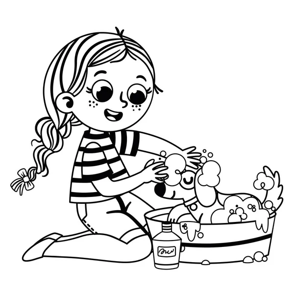 Czarny Biały Wektor Ilustracja Nastolatek Dziewczyna Kąpiel Jej Pies — Wektor stockowy