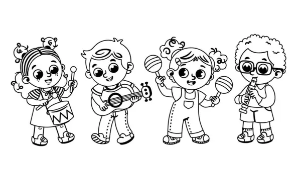Grupo Música Infantil Jardim Infância Preto Branco Ilustração Vetorial — Vetor de Stock