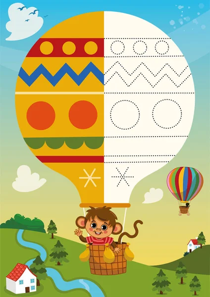 为有热气球和猴子性格的孩子画练习页 矢量说明 — 图库矢量图片