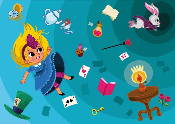 Alice Karakter Valt Het Konijnenhol Illustratie Van Een Alice Wonderland — Stockvector