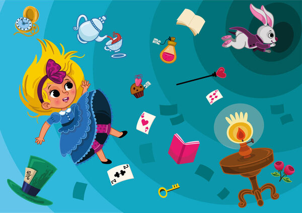 Alice character falls into the rabbit hole. Illustration of an Alice in Wonderland background. Vector illustration.