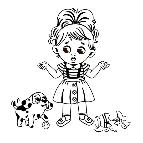 Czarno Biała Dziewczynka Jej Pies Wektor Ilustracja — Wektor stockowy