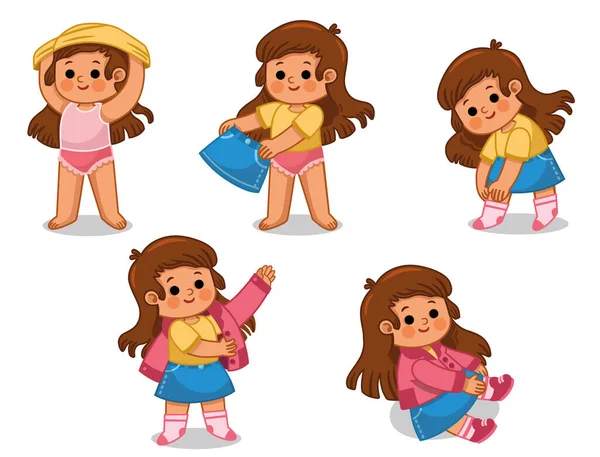 Illustrazione Vettoriale Set Bambina Che Indossa Suoi Vestiti Sola — Vettoriale Stock
