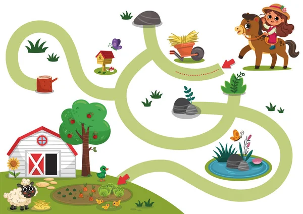 Εκπαιδευτικό Παιχνίδι Λαβύρινθο Για Παιδιά Προσχολικής Ηλικίας Θέμα Αγρόκτημα Εικονογράφηση — Διανυσματικό Αρχείο