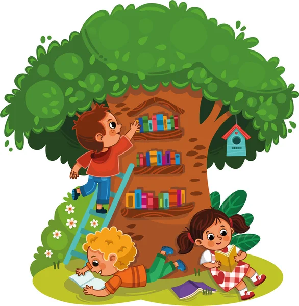 Τρία Παιδιά Διαβάζουν Ένα Βιβλίο Κάτω Από Μια Βιβλιοθήκη Δέντρων — Διανυσματικό Αρχείο