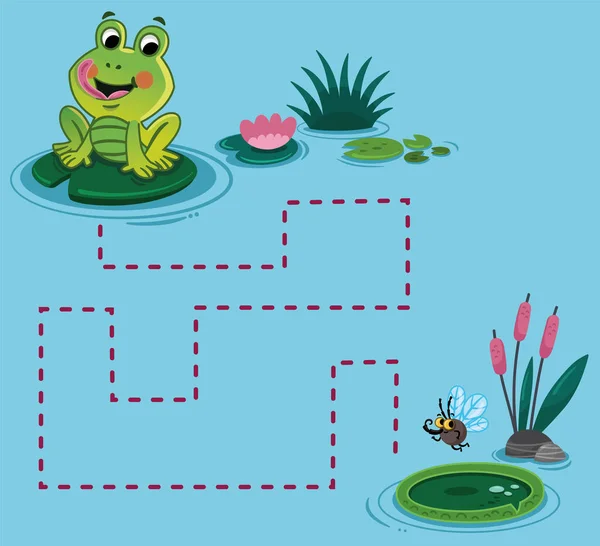 Nápověda Roztomilé Žába Dosáhnout Druhé Lilie Podložka Rybníku Dot Dot — Stockový vektor