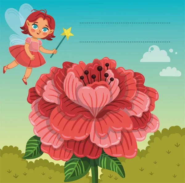 Aranyos Tündér Karakter Egy Nagy Virág Egy Üres Szöveges Terület — Stock Vector