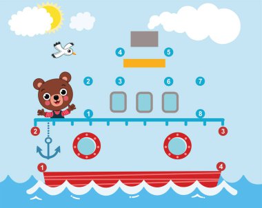 Anaokulu çocukları için Nokta Etkinliği. Gemideki numaraları bir hatla birleştir. Vektör İllüstrasyonu.