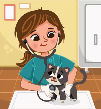 Bir kediyi inceleyen veterinerin vektör çizimi.