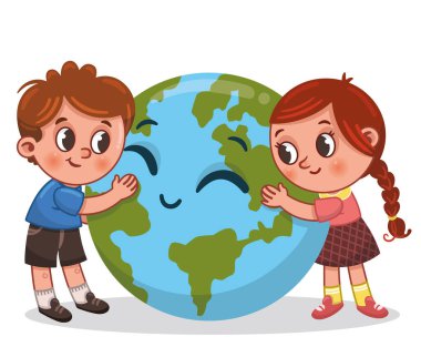 Dünya Çevre Günü Çocuklarla Tırman. Vektör illüstrasyonu.