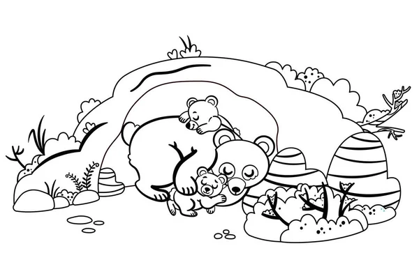 Czarno Biały Wektor Ilustracja Rodziny Niedźwiedzi Hibernujących Swojej Jaskini — Wektor stockowy