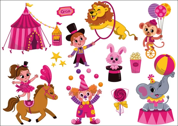 Szórakoztató Rózsaszín Cirkusz Vektor Illusztráció Készlet Gyerekeknek — Stock Vector