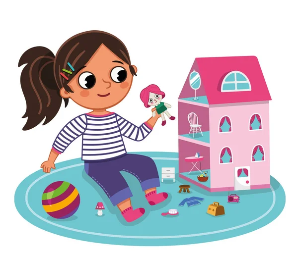 Het Kleine Meisje Speelt Met Haar Poppenhuis Vectorillustratie — Stockvector
