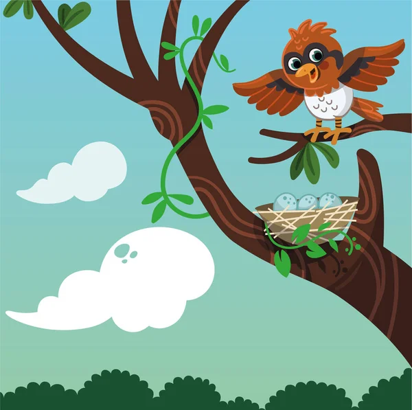 Счастливая Птица Мать Ждёт Дети Выйдут Гнезда Ветке Дерева Векторная — стоковый вектор