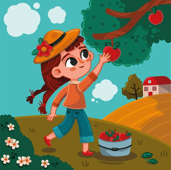 Mała Dziewczynka Zbiera Czerwone Jabłka Farmie Ilustracja Wektora — Wektor stockowy