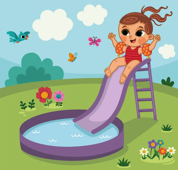 Meisje Heeft Plezier Het Opblaasbare Zwembad Met Waterglijbaan Vectorillustratie — Stockvector