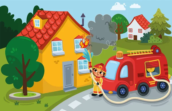 Pompier Essayant Éteindre Feu Dans Maison Illustration Vectorielle — Image vectorielle