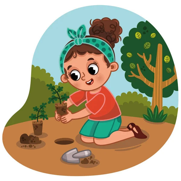 Wektor Ilustracja Dziewczyna Sadzenie Roślin Przyrodzie — Wektor stockowy