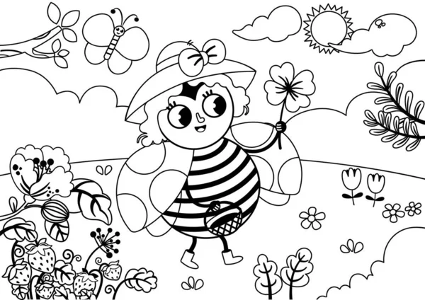 Kleurplaat Voor Schilderactiviteiten Gelukkige Lieveheersbeestje Wandelen Natuur Vector Illustratie Voor — Stockvector