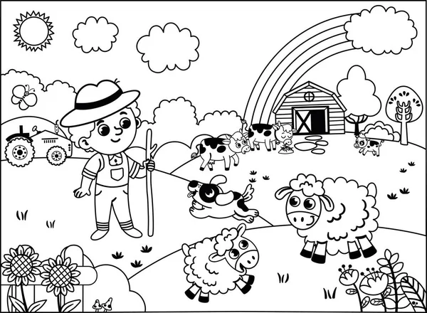 Černobílé Vektorové Ilustrace Šťastného Farmáře Rozhlížející Svými Zvířaty Své Farmě — Stockový vektor