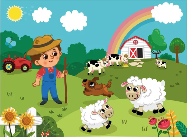Ilustración Vectorial Agricultor Feliz Mirando Alrededor Con Sus Animales Granja — Archivo Imágenes Vectoriales