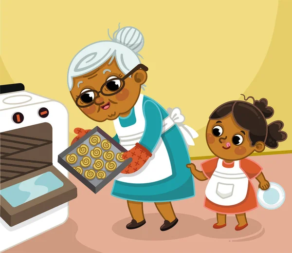 Векторні Ілюстрації Бабусі Онуки Печива Кухні — стоковий вектор