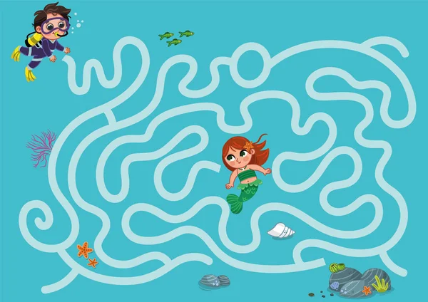 Hjälp Dykaren Pojken Att Sjöjungfrun Havet Maze Spel För Barn — Stock vektor
