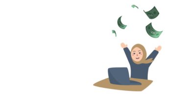 Mutlu iş kadını ve uçan dolar banknotları