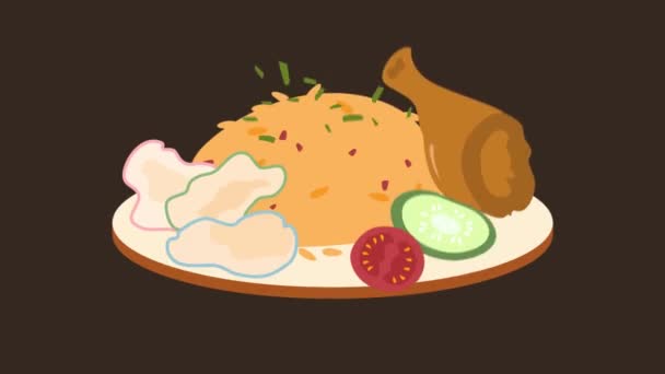 Animatie Gebakken Rijst Met Gefrituurde Kip Indonesisch Eten — Stockvideo