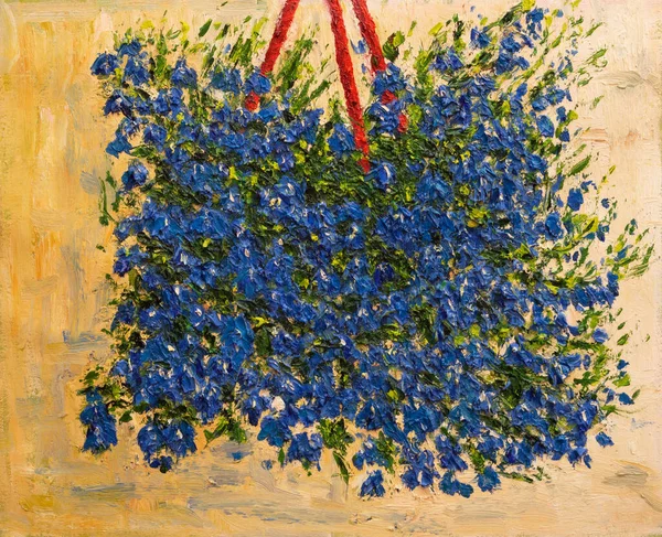 Virágzó Lobelia Egy Edényben Falon Eredeti Festmény Olaj Vászon Ecsetvonások — Stock Fotó