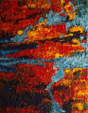 Orange red blue abstract painting. Beautiful brush strokes and canvas textures close-up. Textured abstract sunset background. Oil painting fragment. Expression. Original artistic background.