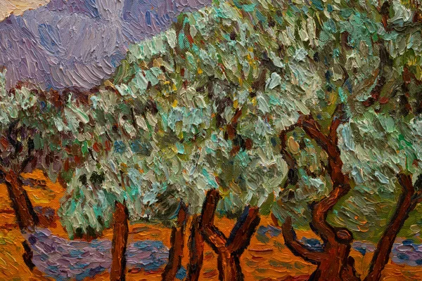 Beautiful oil painting on canvas. Fragment Olive Trees. Brush strokes and canvas textures. Colorful canvas.