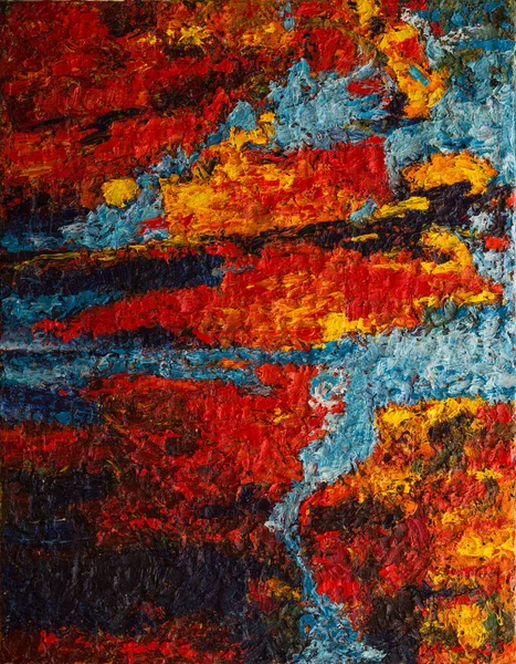 Orange red blue abstract painting. Beautiful brush strokes and canvas textures close-up. Textured abstract sunset background. Oil painting fragment. Expression. Original artistic background.