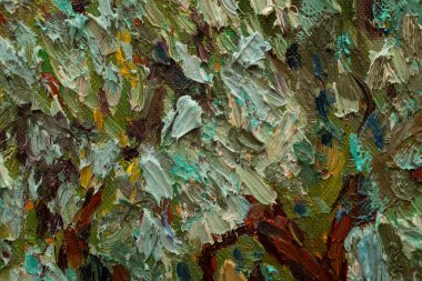 Beautiful oil painting on canvas. Fragment Olive Trees. Brush strokes and canvas textures. Colorful canvas.