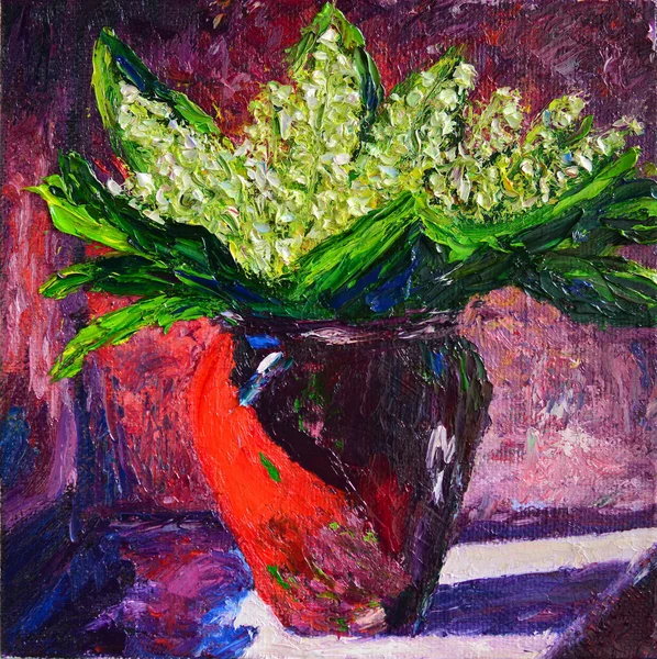 Original oil painting on canvas showing Lily of the valley in vase, Convallaria majalis, flowers bouquet .Modern Impressionism.