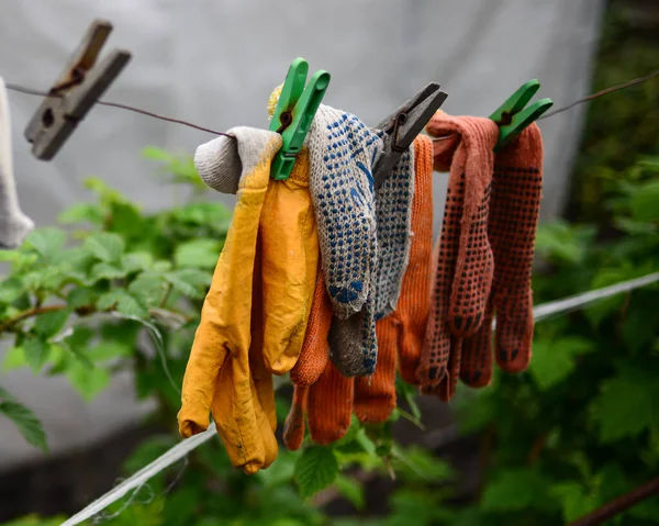 Sarung Tangan Kerja Lama Dicuci Dan Digantung Kering Pada Tali — Stok Foto