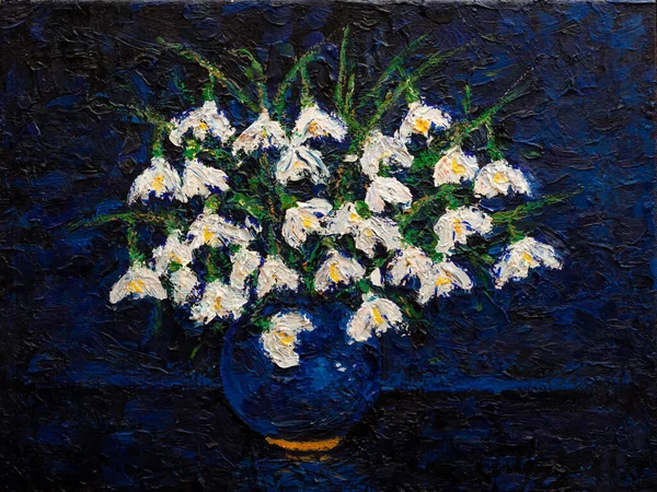 Fehér Hóvirág Egy Kék Vázában Eredeti Festőolaj Vászonra 30X40 — Stock Fotó