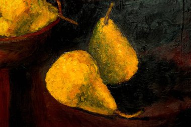 Siyah bir zemin üzerinde, armutlar içinde armutlarla dolu bir hayat. Tablo üzerinde orijinal boya yağı..