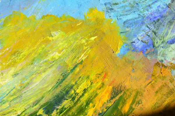 Abstract bright green and yellow textured background. Brush strokes oil paint on canvas. Hand painted.