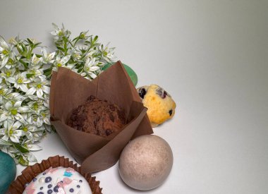A vibrant collection of traditional Easter cakes, painted eggs, spring flowers, pussy willow branches, and muffins, perfect for festive designs and seasonal greetings