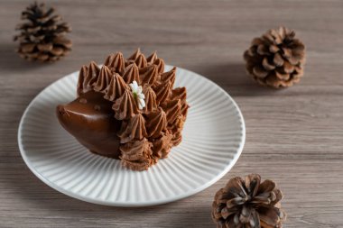 Kirpi şeklinde çikolatalı bir tatlıya yakın plan, beyaz tabakta, çam kozalaklı, ahşap arka planda şekillendirilmiş.