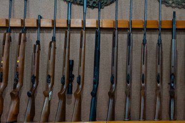 Taşkent, Özbekistan, 26 Temmuz 2025: Süslü hayvan figürleri ve aksesuarları olan bir silah dükkanında av tüfeklerinin dikey görüntüsü