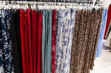 Çiçekli, sert ve hayvan izli çeşitli uzun etekler bir perakende mağazasında askılarda düzgünce düzenlenmiş, moda çeşitliliği ve renk koordinasyonunu gösteren