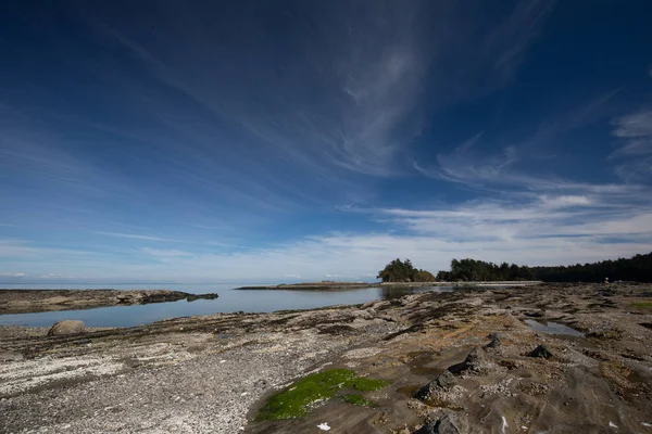 지평선에 나무가 바위에둘러 브리티시컬럼비아주 캐비지 — 스톡 사진